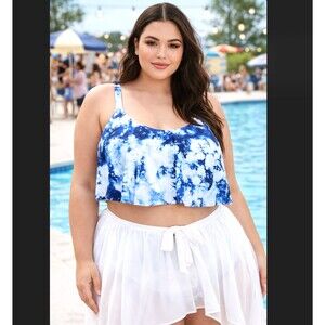 Torrid Flounce Bikini Top Size 2X 18 20 Blue White Tie Dye Padded Wireless NWT